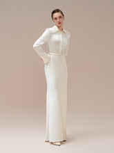 Long-Sleeve Satin Maxi Dress with Shirt Collar and Fitted Waist Detail
